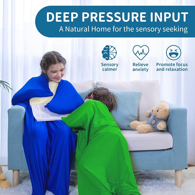 Two people wrapped in blue and green wraps sitting on a couch with text about deep pressure input and its benefits.